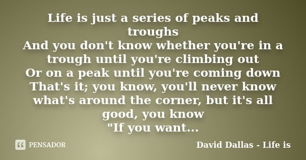 Life is just a series of peaks and troughs And you don't know whether you're in a trough until you're climbing out Or on a peak until you're coming down That's ... Frase de David Dallas - Life is.