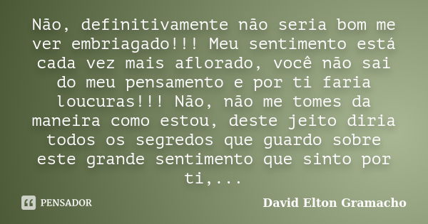 Não, definitivamente não seria bom me ver embriagado!!! Meu sentimento está cada vez mais aflorado, você não sai do meu pensamento e por ti faria loucuras!!! Nã... Frase de David Elton Gramacho.