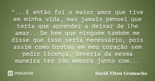 "...E então foi o maior amor que tive em minha vida, mas jamais pensei que teria que aprender a deixar de lhe amar...Se bem que ninguém também me disse que... Frase de David Elton Gramacho.