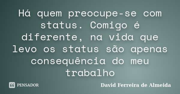 Há quem preocupe-se com status. Comigo é diferente, na vida que levo os status são apenas consequência do meu trabalho... Frase de David Ferreira de Almeida.