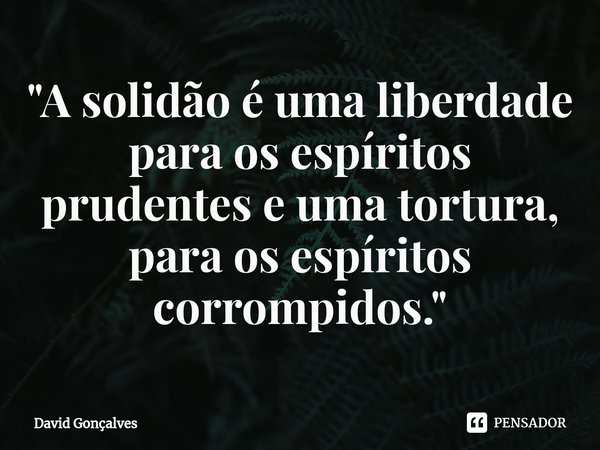 ⁠"A solidão é uma liberdade para os espíritos prudentes e uma tortura, para os espíritos corrompidos."... Frase de David Gonçalves.