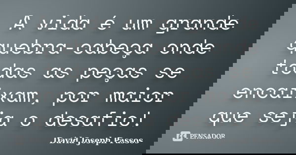 A vida é um grande quebra-cabeça onde todas as peças se encaixam, por maior que seja o desafio!... Frase de David Joseph Passos.