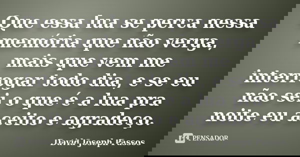 Que essa lua se perca nessa memória que não verga, mais que vem me interrogar todo dia, e se eu não sei o que é a lua pra noite eu aceito e agradeço.... Frase de David Joseph Passos.