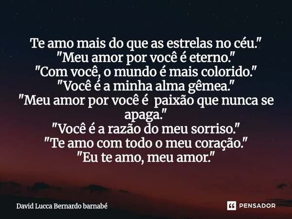 Te amo mais do que as estrelas no céu." "Meu amor por você é eterno." "Com você, o mundo é mais colorido." "Você é a minha alma g... Frase de David Lucca Bernardo barnabé.