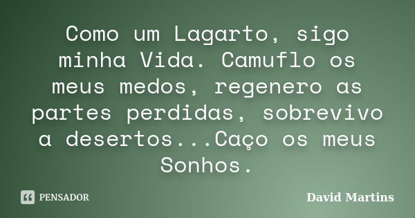 Como um Lagarto, sigo minha Vida. Camuflo os meus medos, regenero as partes perdidas, sobrevivo a desertos...Caço os meus Sonhos.... Frase de David Martins.