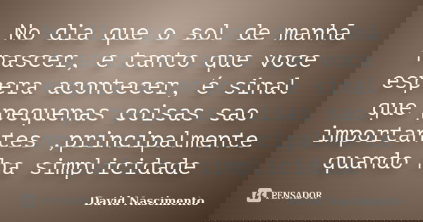 No dia que o sol de manhã nascer, e tanto que voce espera acontecer, é sinal que pequenas coisas sao importantes ,principalmente quando ha simplicidade... Frase de David Nascimento.