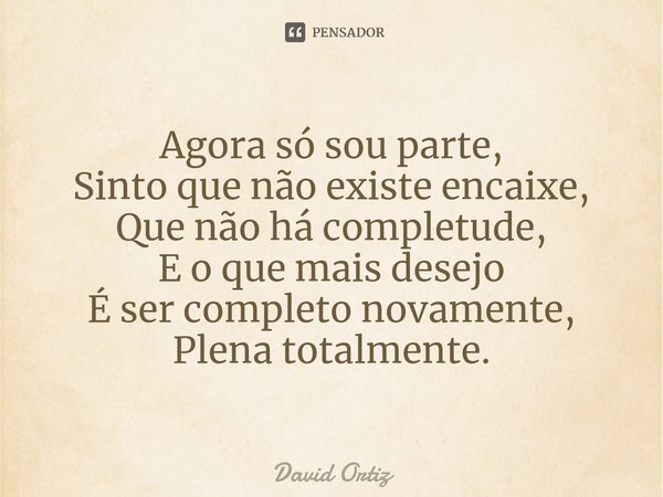 Agora só sou parte,
Sinto que não existe encaixe⁠,
Que não há completude,
E o que mais desejo
É ser completo novamente,
Plena totalmente.... Frase de David Ortiz.