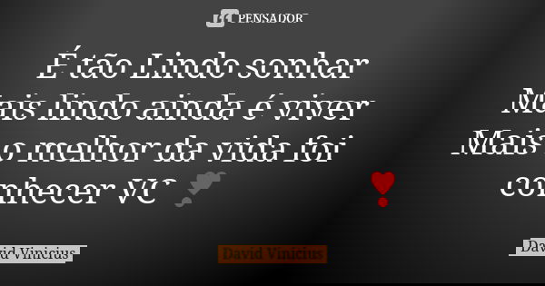 É tão Lindo sonhar Mais lindo ainda é viver Mais o melhor da vida foi conhecer VC ❣... Frase de David Vinicius.