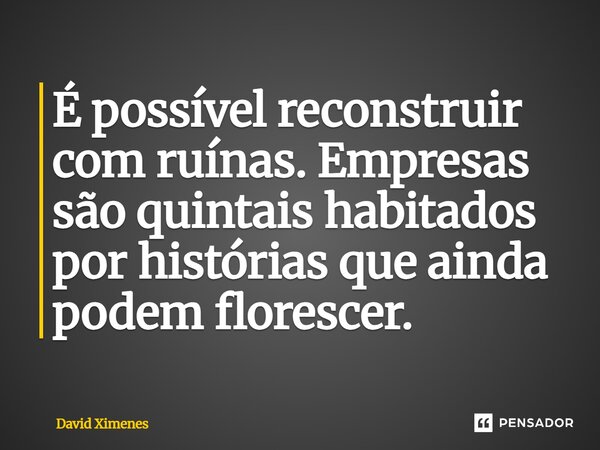 ⁠É possível reconstruir com ruínas. Empresas são quintais habitados por histórias que ainda podem florescer.... Frase de David Ximenes.