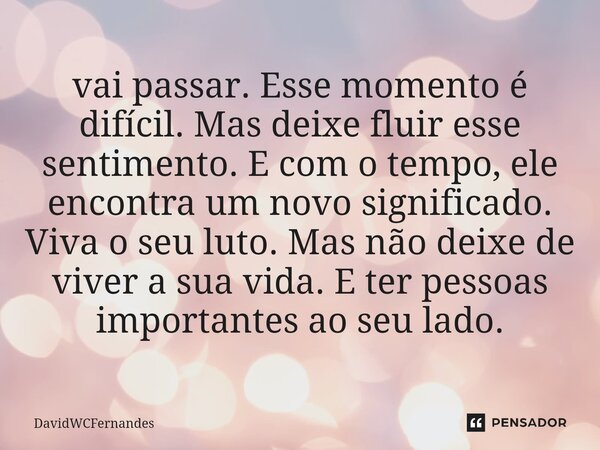 vai passar. Esse momento é difícil. Mas deixe fluir esse sentimento. E com o tempo, ele encontra um novo significado. Viva o seu luto. Mas não deixe de viver a ... Frase de DavidWCFernandes.