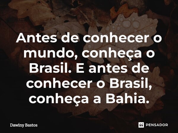 ⁠Antes de conhecer o mundo, conheça o Brasil. E antes de conhecer o Brasil, conheça a Bahia.... Frase de Dawiny Bastos.