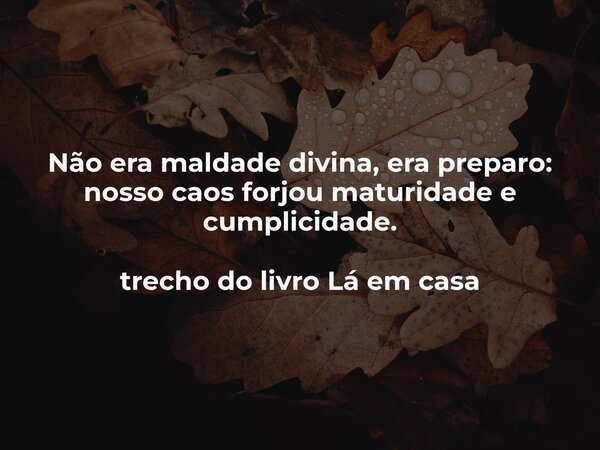 Não era maldade divina, era preparo: nosso caos forjou maturidade e cumplicidade. trecho do livro Lá em casa... Frase de Dayana Ribeiro.