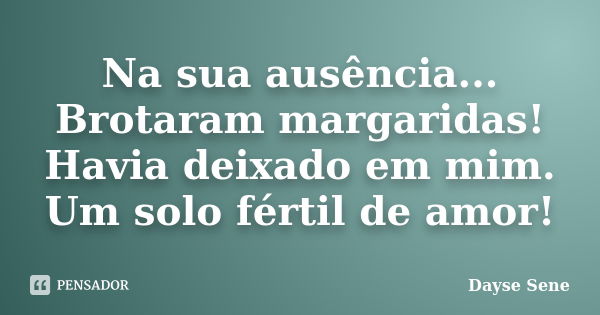 Na sua ausência... Brotaram margaridas! Havia deixado em mim. Um solo fértil de amor!... Frase de Dayse Sene.