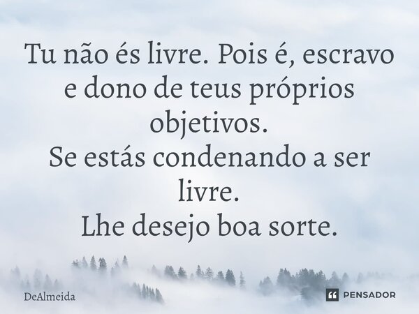 ⁠Tu não és livre. Pois é, escravo e dono de teus próprios objetivos. Se estás condenando a ser livre. Lhe desejo boa sorte.... Frase de DeAlmeida.