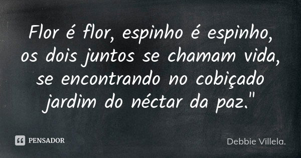 Flor é flor, espinho é espinho, os dois juntos se chamam vida, se encontrando no cobiçado jardim do néctar da paz."... Frase de Debbie Villela.