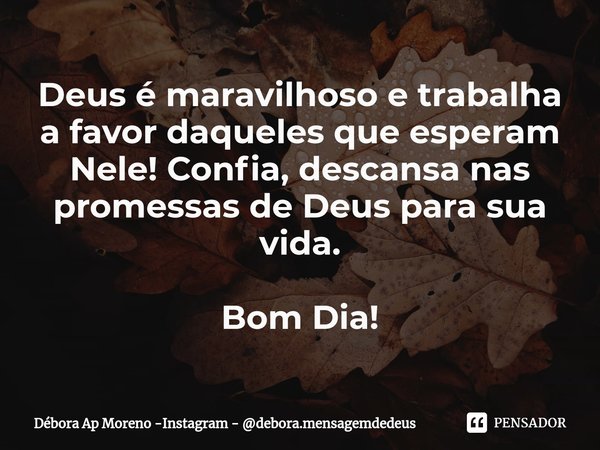⁠Deus é maravilhoso e trabalha a favor daqueles que esperam Nele! Confia, descansa nas promessas de Deus para sua vida. Bom Dia!... Frase de Débora Ap Moreno -Instagram - debora.mensagemdedeus.
