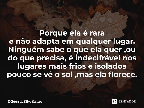 ⁠ Porque ela é rara e não adapta em qualquer lugar. Ninguém sabe o que ela quer ,ou do que precisa, é indecifrável nos lugares mais frios e isolados pouco se vê... Frase de Débora da Silva Santos.