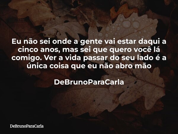 Eu não sei onde a gente vai estar daqui a cinco anos, mas sei que quero você lá comigo. Ver a vida passar do seu lado é a única coisa que eu não abro mão DeBrun... Frase de DeBrunoParaCarla.