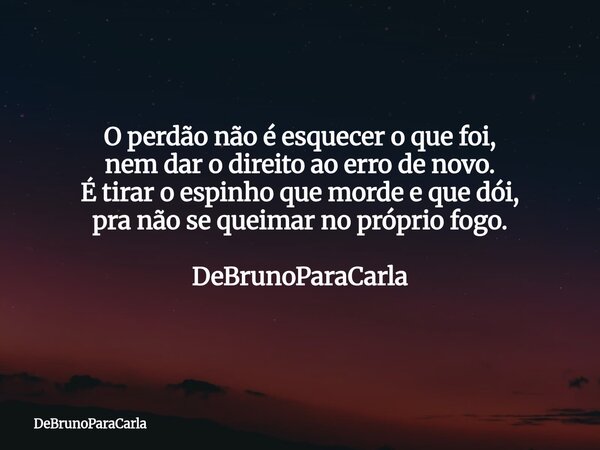 O perdão não é esquecer o que foi, nem dar o direito ao erro de novo. É tirar o espinho que morde e que dói, pra não se queimar no próprio fogo. DeBrunoParaCarl... Frase de DeBrunoParaCarla.