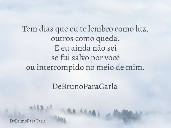 Tem dias que eu te lembro como luz, outros como queda. E eu ainda não sei se fui salvo por você ou interrompido no meio de mim. DeBrunoParaCarla ⁠... Frase de DeBrunoParaCarla.