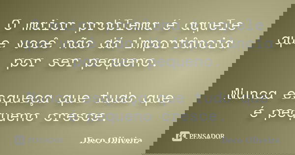 O maior problema é aquele que você não dá importância por ser pequeno. Nunca esqueça que tudo que é pequeno cresce.... Frase de Deco Oliveira.