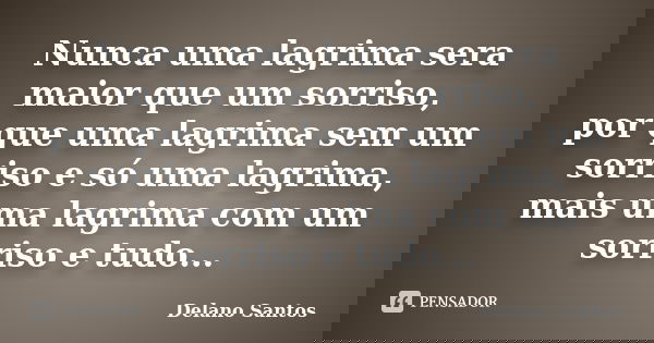 Nunca uma lagrima sera maior que um sorriso, por que uma lagrima sem um sorriso e só uma lagrima, mais uma lagrima com um sorriso e tudo...... Frase de Delano Santos.