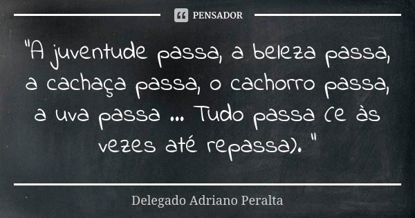 “A juventude passa, a beleza passa, a cachaça passa, o cachorro passa, a uva passa ... Tudo passa (e às vezes até repassa). “... Frase de Delegado Adriano Peralta.