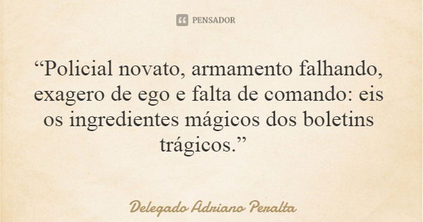 “Policial novato, armamento falhando, exagero de ego e falta de comando: eis os ingredientes mágicos dos boletins trágicos.”... Frase de Delegado Adriano Peralta.