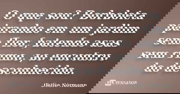 O que sou? Borboleta pairando em um jardim sem flor, batendo asas sem rumo, ao encontro do desconhecido.... Frase de Delise Normann.