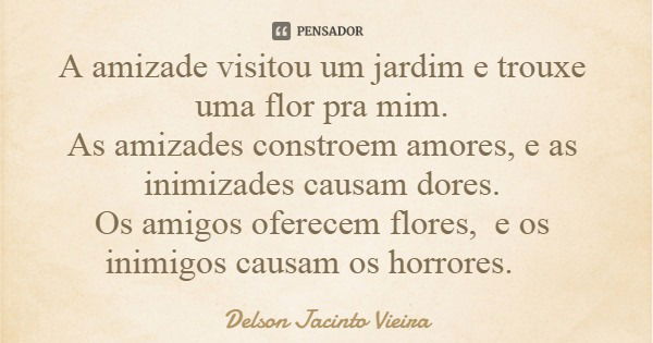 A amizade visitou um jardim e trouxe uma flor pra mim. As amizades constroem amores, e as inimizades causam dores. Os amigos oferecem flores, e os inimigos caus... Frase de Delson Jacinto Vieira.