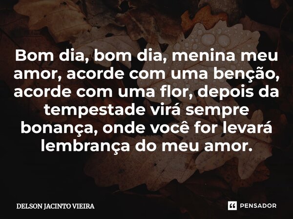 ⁠Bom dia, bom dia, menina meu amor, acorde com uma benção, acorde com uma flor, depois da tempestade virá sempre bonança, onde você for levará lembrança do meu ... Frase de Delson Jacinto Vieira.