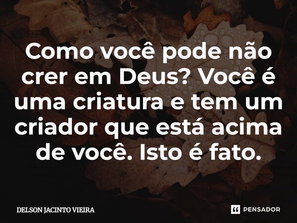 Como você pode não crer em Deus? Você é uma criatura e tem um criador que está acima de você. Isto é fato.... Frase de Delson Jacinto Vieira.