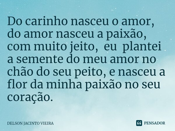 ⁠Do carinho nasceu o amor, do amor nasceu a paixão, com muito jeito, eu plantei a semente do meu amor no chão do seu peito, e nasceu a flor da minha paixão no s... Frase de Delson Jacinto Vieira.