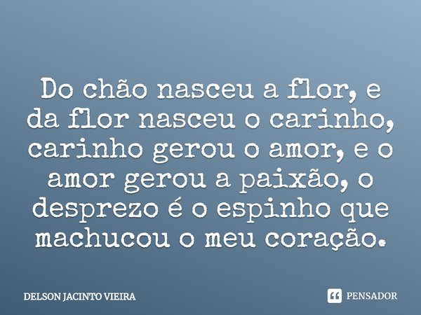 ⁠Do chão nasceu a flor, e da flor nasceu o carinho, carinho gerou o amor, e o amor gerou a paixão, o desprezo é o espinho que machucou o meu coração.... Frase de Delson Jacinto Vieira.