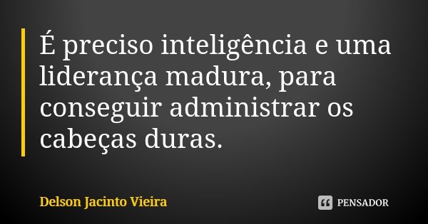 É preciso inteligência e uma liderança madura, para conseguir administrar os cabeças duras.... Frase de Delson Jacinto Vieira.
