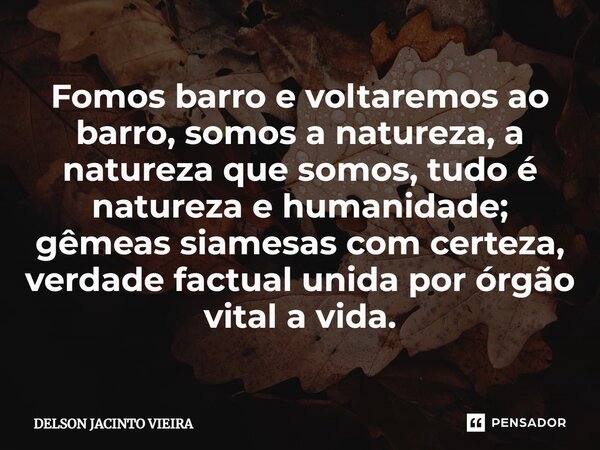 ⁠Fomos barro e voltaremos ao barro, somos a natureza, a natureza que somos, tudo é natureza e humanidade; gêmeas siamesas com certeza, verdade factual unida por... Frase de Delson Jacinto Vieira.