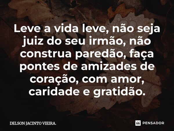 Leve a vida leve, não seja juiz do seu irmão, não construa paredão, faça pontes de amizades de coração, com amor, caridade e gratidão.... Frase de DELSON JACINTO VIEIRA..