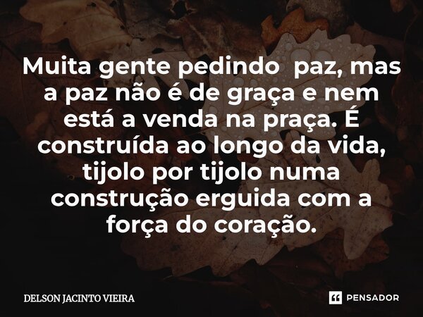 ⁠Muita gente pedindo paz, mas a paz não é de graça e nem está a venda na praça. É construída ao longo da vida, tijolo por tijolo numa construção erguida coma fo... Frase de Delson Jacinto Vieira.