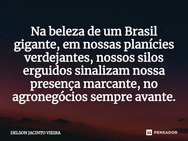 ⁠Na beleza de um Brasil gigante, em nossas planícies verdejantes, nossos silos erguidos sinalizam nossa presença marcante, no agronegócios sempre avante.... Frase de Delson Jacinto Vieira.