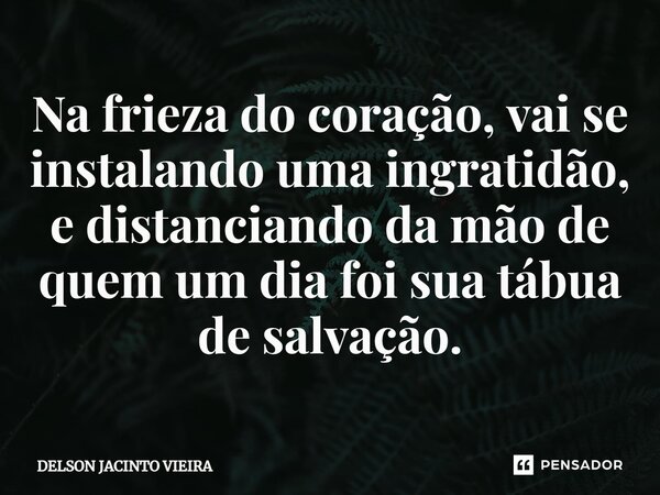 Na frieza do coração, vai se instalando umaingratidão, e distanciando da mão de quem um dia foi sua tábua de salvação.... Frase de Delson Jacinto Vieira.