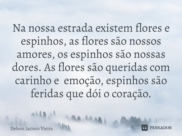 Na nossa estrada existem flores e espinhos, as flores são nossos amores, os espinhos são nossas dores. As flores são queridas com carinho e emoção, espinhos são... Frase de Delson Jacinto Vieira.