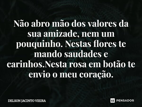 ⁠Não abro mão dos valores da sua amizade, nem um pouquinho. Nestas flores te mando saudades e carinhos.Nesta rosa em botão te envio o meu coração.... Frase de Delson Jacinto Vieira.
