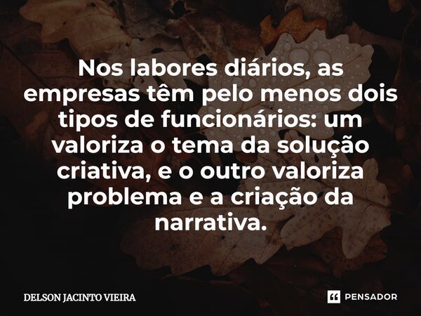 Nos labores diários, as empresas têm pelo menos dois tipos de funcionários: um valoriza o tema da solução criativa, e o outro valoriza problema e a criação da n... Frase de Delson Jacinto Vieira.