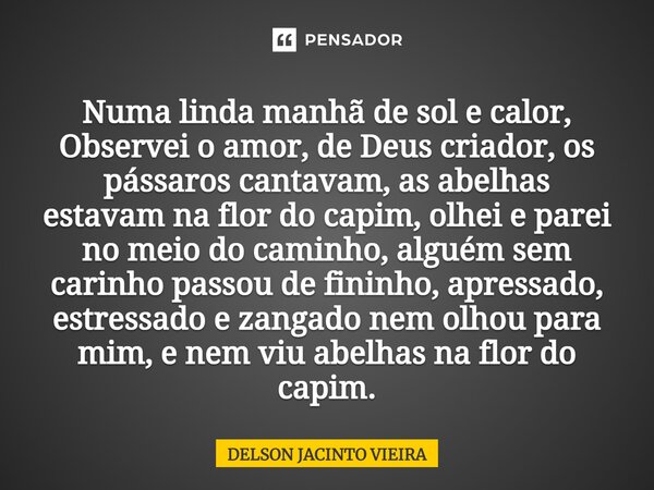 ⁠Numa linda manhã de sol e calor, Observei o amor, de Deus criador, os pássaros cantavam, as abelhas estavam na flor do capim, olhei e parei no meio do caminho,... Frase de Delson Jacinto Vieira.