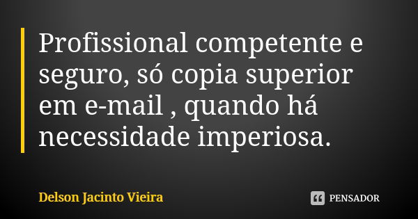 Profissional competente e seguro, só copia superior em e-mail , quando há necessidade imperiosa.... Frase de Delson Jacinto Vieira.