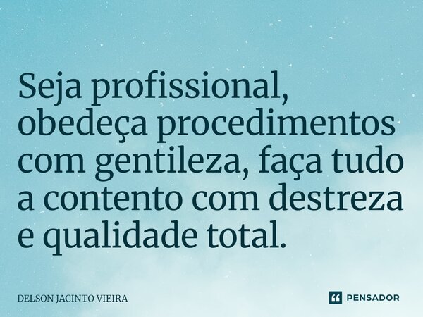 Seja profissional, obedeça procedimentos com gentileza, faça tudo a contento com destreza e qualidade total.... Frase de Delson Jacinto Vieira.