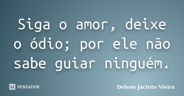 Siga o amor, deixe o ódio; por ele não sabe guiar ninguém.... Frase de Delson Jacinto Vieira.