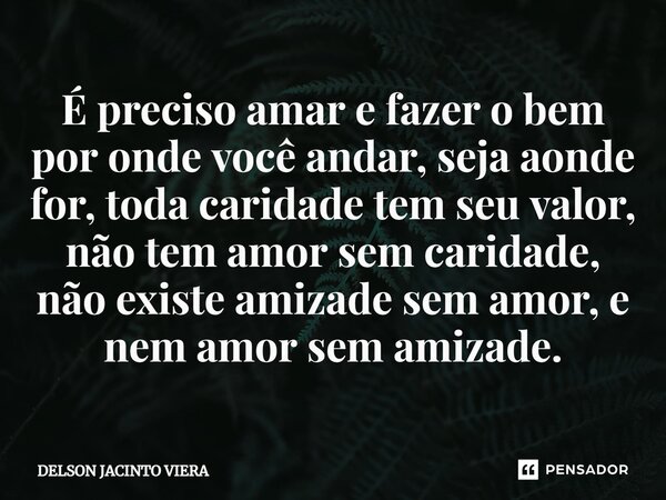 ⁠É preciso amar e fazer o bem por onde você andar, seja aonde for, toda caridade tem seu valor, não tem amor sem caridade, não existe amizade sem amor, e nem am... Frase de Delson Jacinto Viera.
