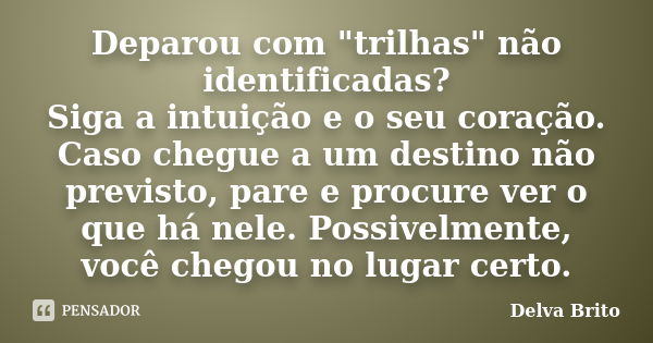 Deparou com "trilhas" não identificadas? Siga a intuição e o seu coração. Caso chegue a um destino não previsto, pare e procure ver o que há nele. Pos... Frase de Delva Brito.