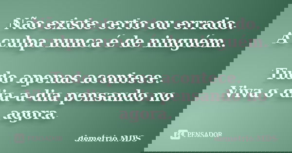 Não existe certo ou errado. A culpa nunca é de ninguém. Tudo apenas acontece. Viva o dia-a-dia pensando no agora.... Frase de demétrio.MDS.